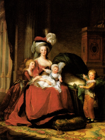 Marie Antoinette et ses enfants - par lisabeth Vige Le Brun en 1787 - Chteau de Versailles - A l'origine, dans le berceau se trouvait peint Madame Sophie dcde  l'ge de 11 mois.